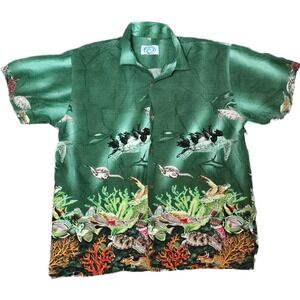 Vintage Go Hawaii Button Down Shirt Mens XL Sea Turtle Fish Print Cotton bright